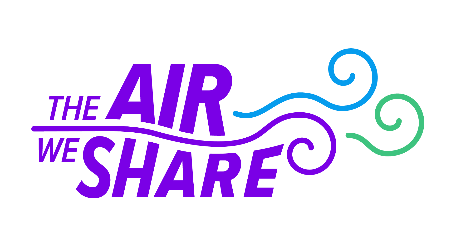 The Air We Share logo: "The Air We Share" is written in purple with purple, blue, and green wavy lines to the right.