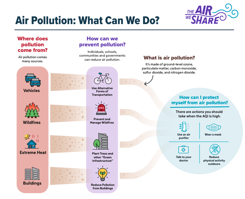 Air Pollution: What Can We Do? Infographic titled "Air Pollution: What Can We Do?" from "The Air We Share." It covers four topics: (1) Sources of pollution — vehicles, wildfires, extreme heat, and buildings; (2) Prevention strategies — use alternative transportation, prevent and manage wildfires, plant trees and green infrastructure, and reduce pollution from buildings; (3) What air pollution is — ground-level ozone, particulate matter, carbon monoxide, sulfur dioxide, and nitrogen dioxide; (4) How to protect yourself when AQI is high — use an air purifier, wear a mask, talk to your doctor, and reduce outdoor physical activity.